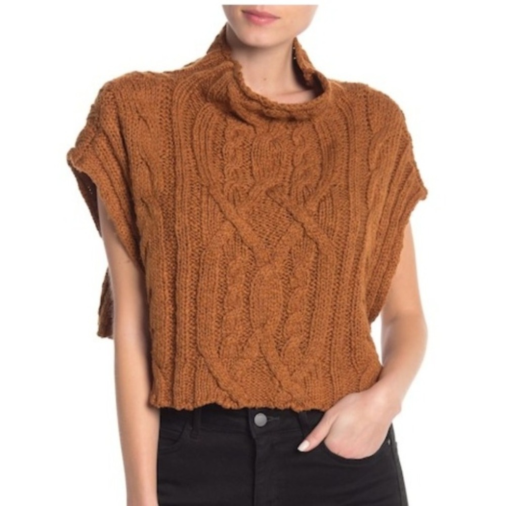 Free People Rust‎ Orange Sweater Vest Cowl Neck Cable Knit Cropped Small
